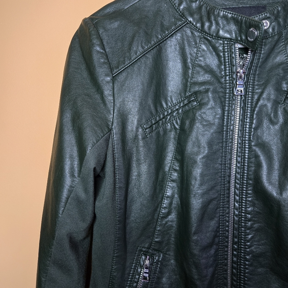 Guess Green Bomber Biker Vegan Leather Jacket, M (PTP=18") - Picture 4 of 15
